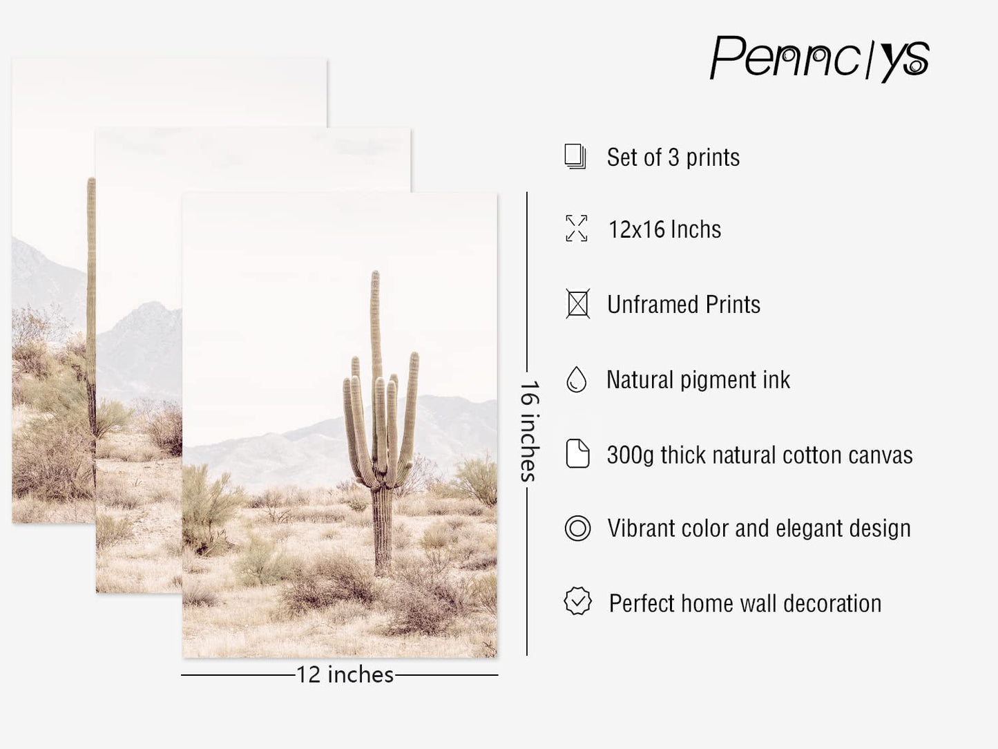 Pennclys Sonoran Desert Landscape Wall Art Cactus Arizona Canvas Wall Decor Desert Poster Pictures Saguaro Cactus Art Prints Landscape Painting for Home Bedroom 12x16x3 Inch Unframed