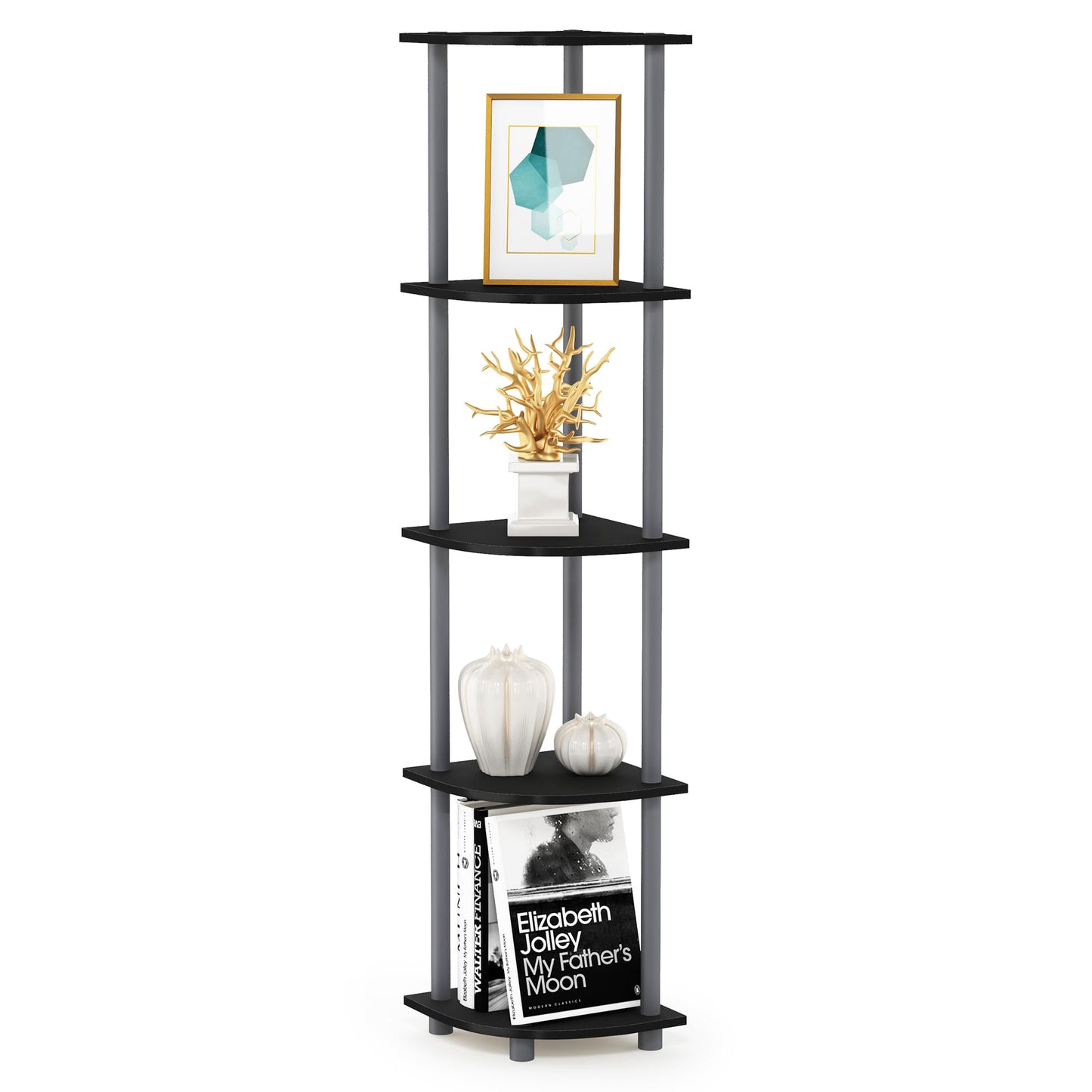 Furinno TURN-N-TUBE Corner Shelf, 5-Tier Corner Bookshelf, Open Storage Shelves, for Organization and Storage, Living Room, Home Office, Garage, Bedroom, Black