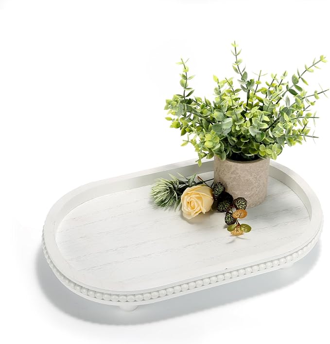 SYNCVIBE Wooden Decorative Tray for Home Decor, Beaded White Oval Tray Decor for Coffee Table, Rustic Wood Serving Trays Farmhouse Centerpieces for Living Room Kitchen Counter (White Oval)
