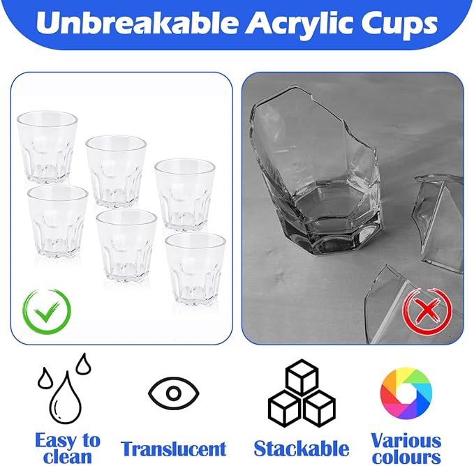 Plastic Drinking Glasses Set of 6, Unbreakable Water Tumbler, Acrylic Plastic Cups, Reusable Kids Drinking Cups for Children Kitchen Cocktail Picnic Party Juice Whiskey Wine (6pc-clear-260ml/9oz)