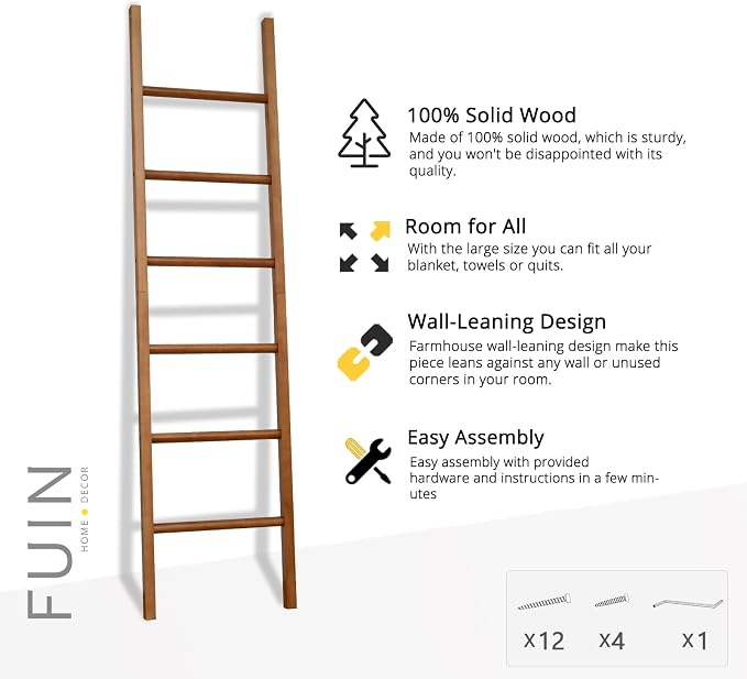 FUIN 6ft Wooden Natural Blanket Ladder Living Room Decorative Wall Leaning Farmhouse Quilt Display Holder Rustic Wood Towel Rack for Bathroom