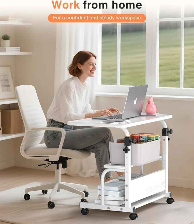 QZMDSM Portable Desk with Wheels Small Standing Desk on Wheels Adjustable Height Rolling Desks for Small Spaces, 32" Computer Desks with Storage Shelves for Home Office Study White