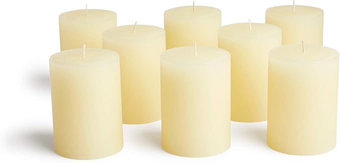 Mottled Pillar Candles by Bask - Set of 8-3" x 4" Dripless Unscented Candles in Ivory for Home Decor, Relaxation & All Occasions