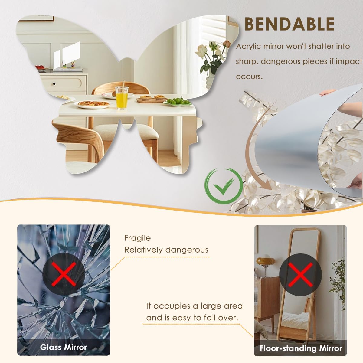 Tumecos Shatterproof Scratch Resistant Acrylic Mirror for Wall Decor, Butterfly Mirror Decoration for Bathroom, Entrance, Living Room, Bedroom, and Kid's Room, Frameless,No-Punch,Easy to Install