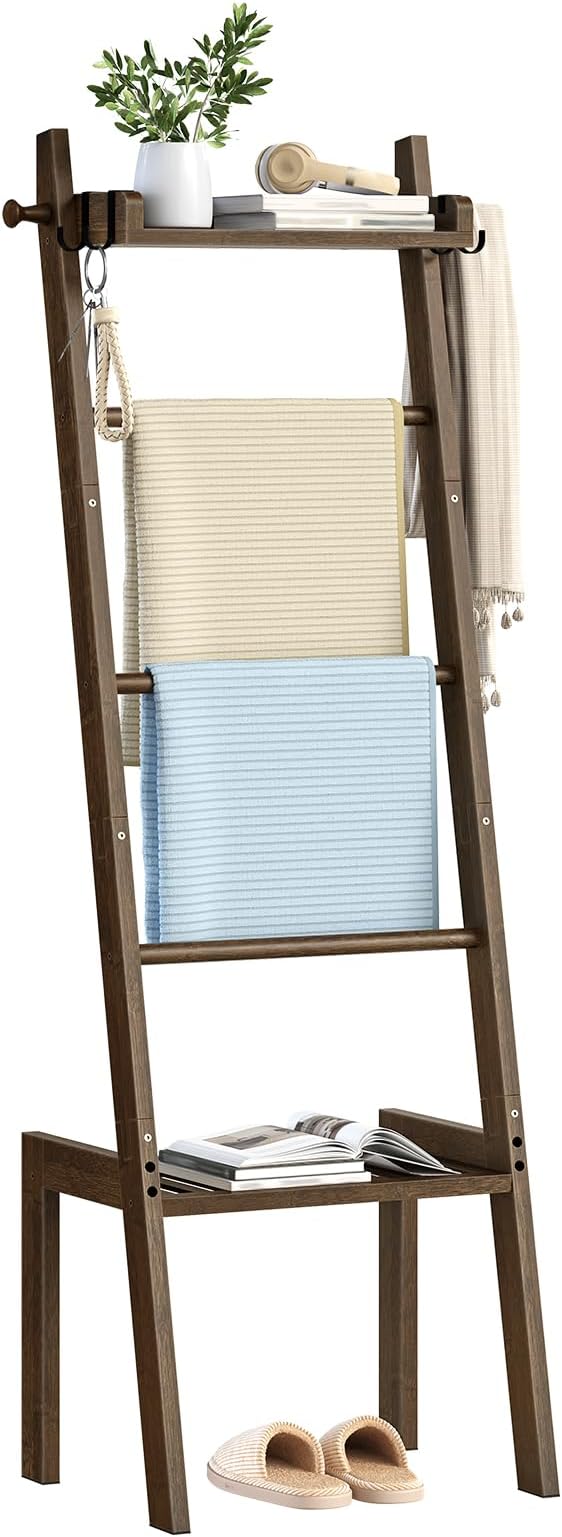 HOOBRO Blanket Ladder, 5 Tier Bamboo Ladder Shelf, Blanket Ladders for Living Room and Bedroom, Farmhouse Blanket Holder Rack for Storage and Home Decor, Decorative Towel Rack, Mocha MA91CJ01G1