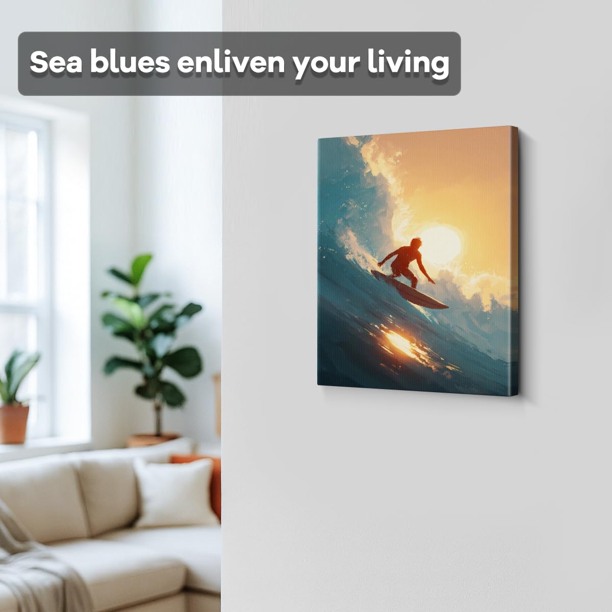 WOXZQ Sunset Surf Wall Art Surfer Silhouette Wall Decor Painting Blue and Golden Ocean Wave Canvas Print for Bedroom Living Room Beach House Surfing Poster Gift for Surfers 8x10 Inch