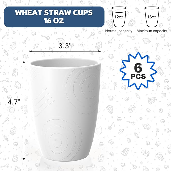 Wheat Straw Cups 6 PCS, Unbreakable 16 OZ Tumbler Set, Lightweight Glass Cups with Unique Pattern, Reusable Alternative to Plastic Cups, Dishwasher Safe Tumbler for Kitchen, Camping, White