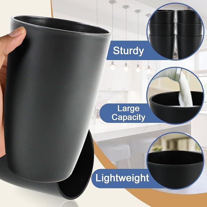 20 OZ Wheat Straw Cups SetS of 6, Unbreakable Drinking Cup, Alternative to Plastic Cups Reusable, Microwave & Dishwasher Safe Big Cup, Large Drinking Glasses for Kitchen, Party (Black)