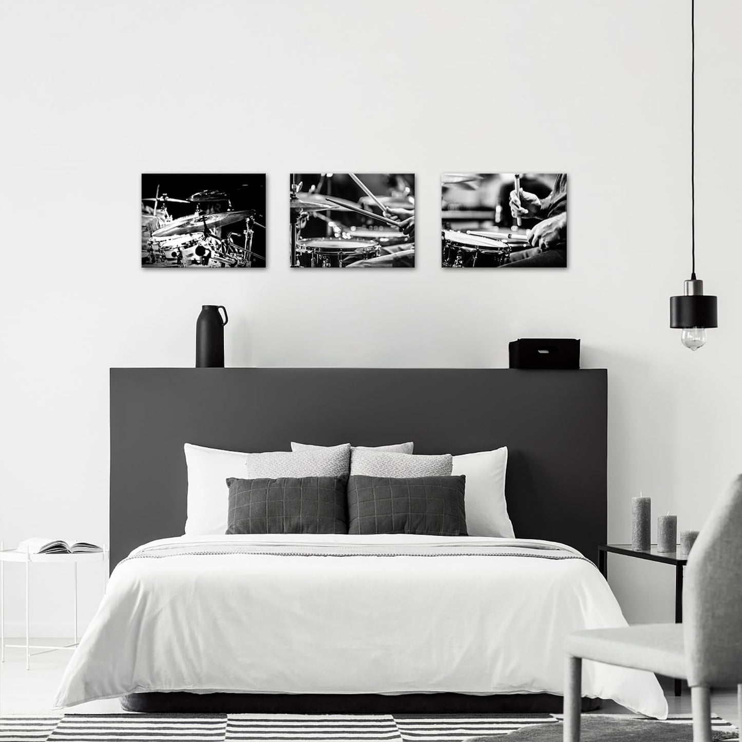 PoGoXiPoYo 3 Piece Music Canvas Wall Art Rock Band Shelf Drum Set Musical Instruments Picture Prints Black and White Artwork Posters Wall Decor for Living Room Bedroom Home Studio 12x16inchx3pcs