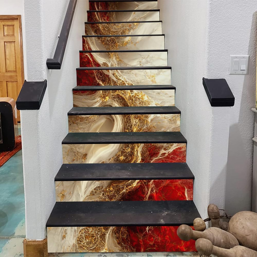 REDAMANCY Golden Ruby Crystal Fluid Marble Geometric Mosaic Peel and Stick Vinyl Stair Riser Decals Staircase Tile Stickers Decor Modern Marble Decoration Self-Adhesive(14 Pcs)