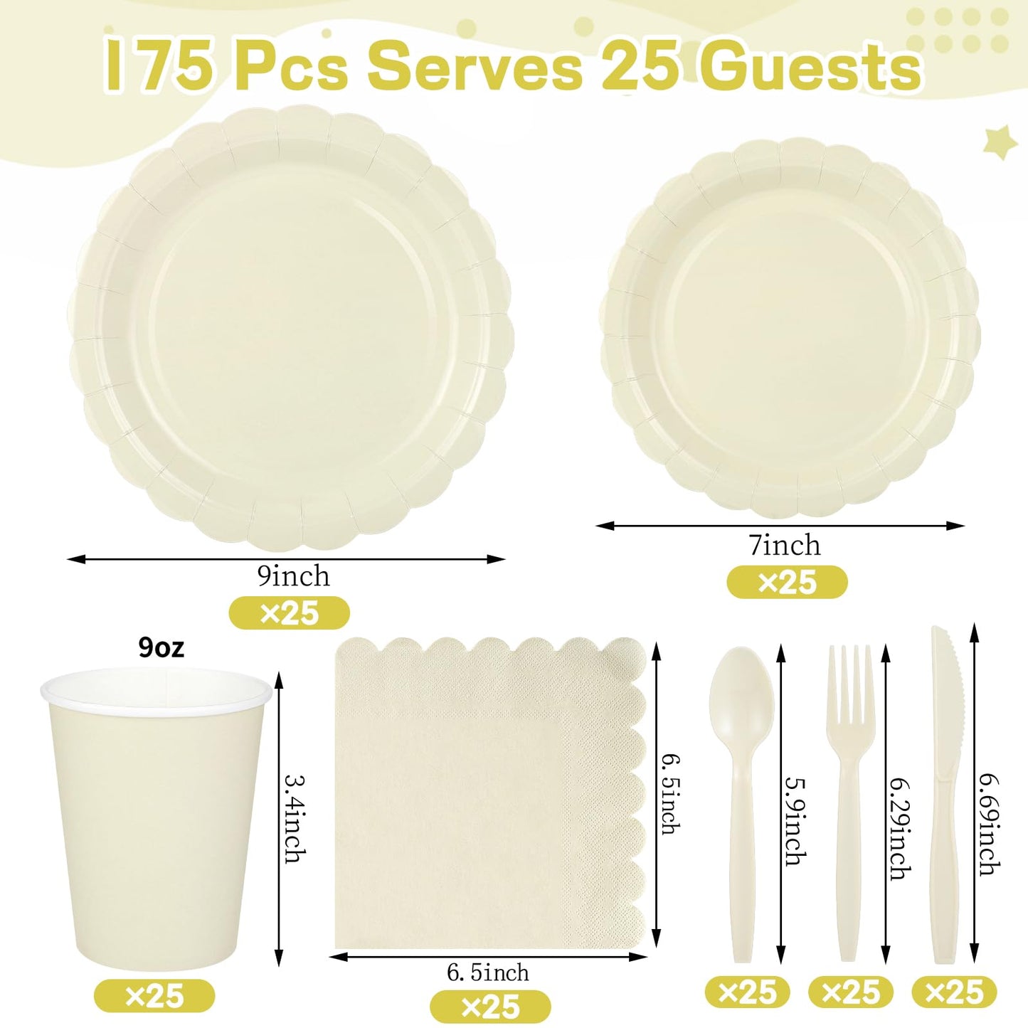 Xiangqu 175 Pcs Ivory Paper Plates and Napkins, Beige Party Supplies Include Scalloped Cream Plates Napkin Cup Plastic Cutlery for Wedding, Bridal&Baby Shower, Birthday