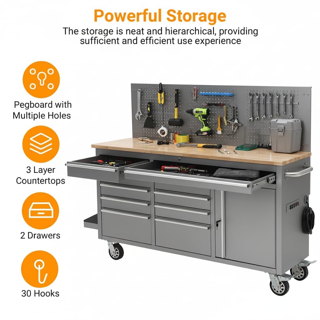 MilleLoom Tool Chest, 61 Inch Tool Box Mobile 9 Drawers Storage Rolling Cabinet with Wheels Lock Key Locking System Drawer Liners for Garage Warehouse Repair Shop, Sliver