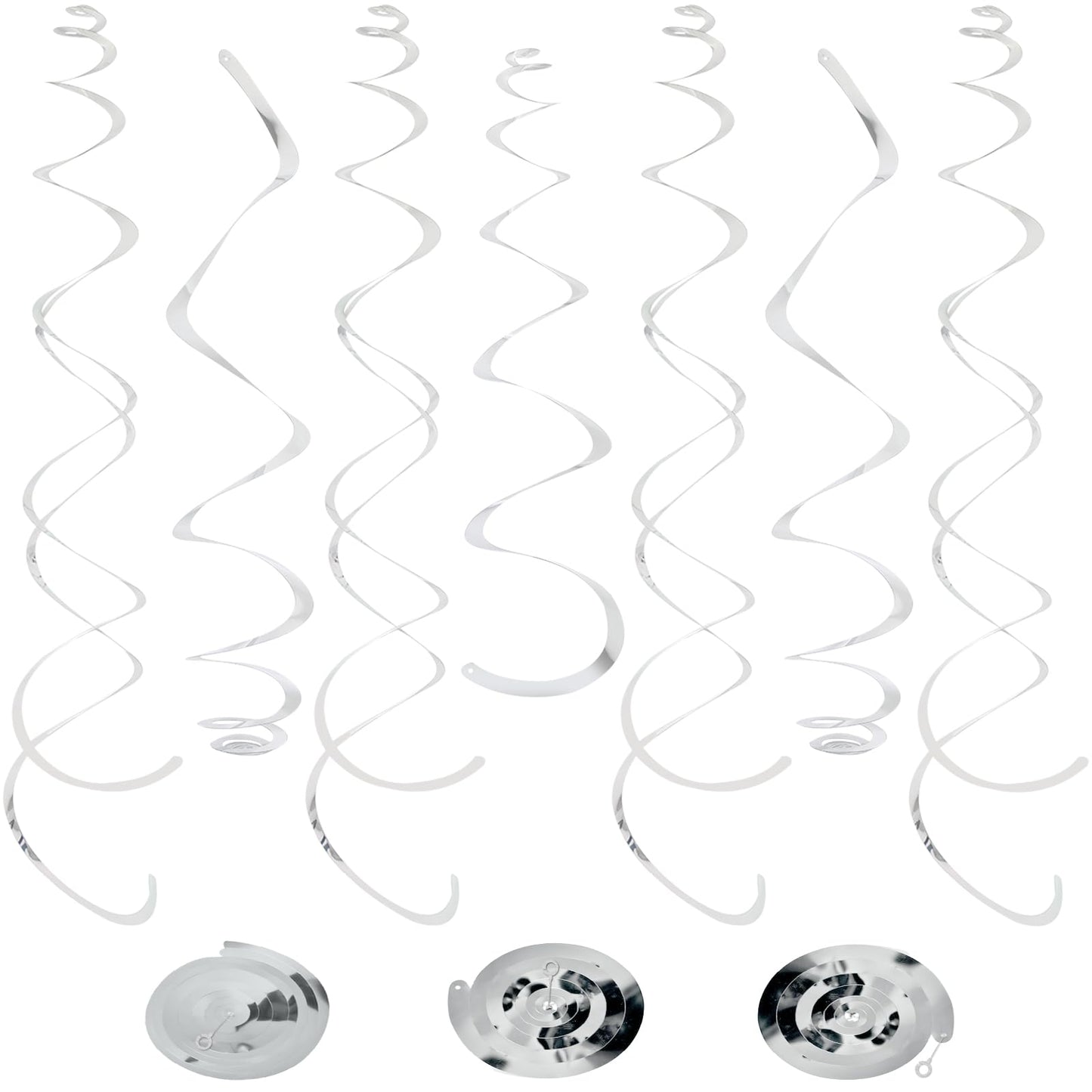 24 PCS Silver Foil Hanging Swirl, Sparkle Ceiling Hanging Decorations, Plastic Streamer Party Decorations, Swirl Decorations with Double-Swirls and Single-Swirls for Birthday,Happy New Years