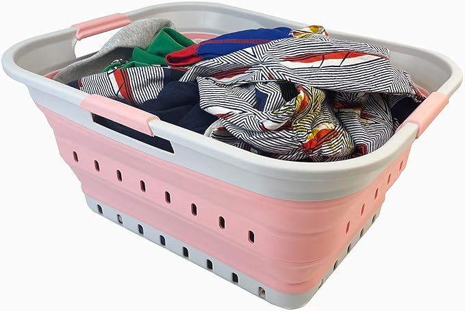 SAMMART 42L (11 gallon) Collapsible Plastic Laundry Basket - Foldable Pop Up Storage Container/Organizer - Space Saving Hamper/Basket (Grey/Quartz Pink)