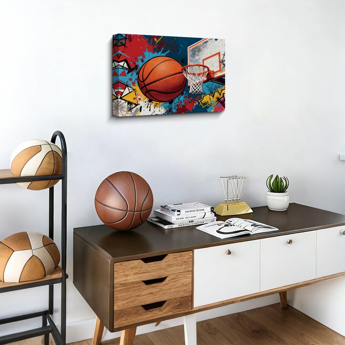 Framed Graffiti Basketball Wall Art - 12x16 Inch Vibrant Sports Canvas Poster for Room Decor