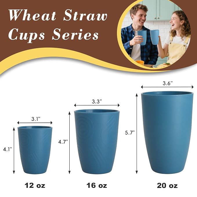 SINOGE Premium Wheat Straw Cups 20 oz Large Capacity Unbreakable Drinking Glasses | Set of 6 | Alternative to Plastic Cups Reusable Water Glasses Dishwasher and Microwave Safe Drinking Cups - Blue