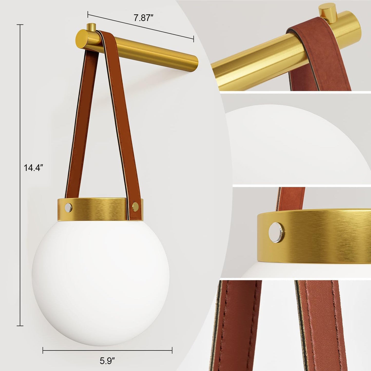 Battery Operated Wall Sconces Set of 2, Gold Wall Lamps for Bedroom with Remote Control Warm/Natural/Daylight/RGB 15 Colors Dimmable Rechargeable Wireless Globe Wall Lights Retro Living Room Hallway