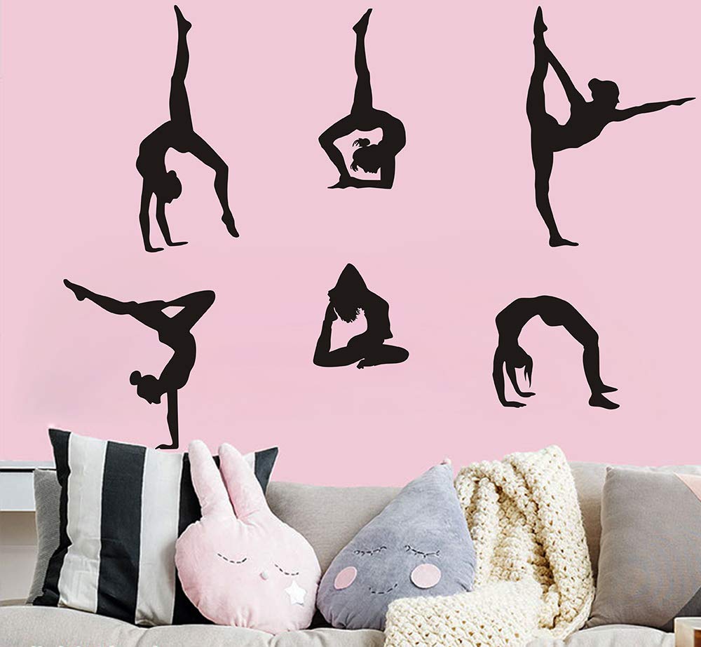 Gymnastics Wall Decals Silhouettes Sport Art Girl Vinyl Decals Wall Sticker Fits Kids Room Decor Home Wall Decor Set of 6 (7.87”H X 23.62”W)