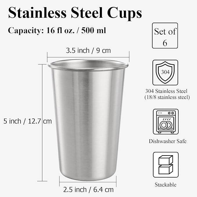 Tosnail 6 Pack Stainless Steel Pint Cups, 16 oz Metal Cups Unbreakable Drinking Glasses Water Tumblers for Kids, Adults Indoor and Outdoor Use, Silver
