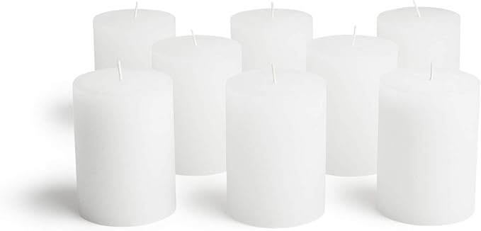 Mottled Pillar Candles by Bask - Set of 8-3" x 4" Dripless Unscented Candles in White for Home Decor, Relaxation & All Occasions
