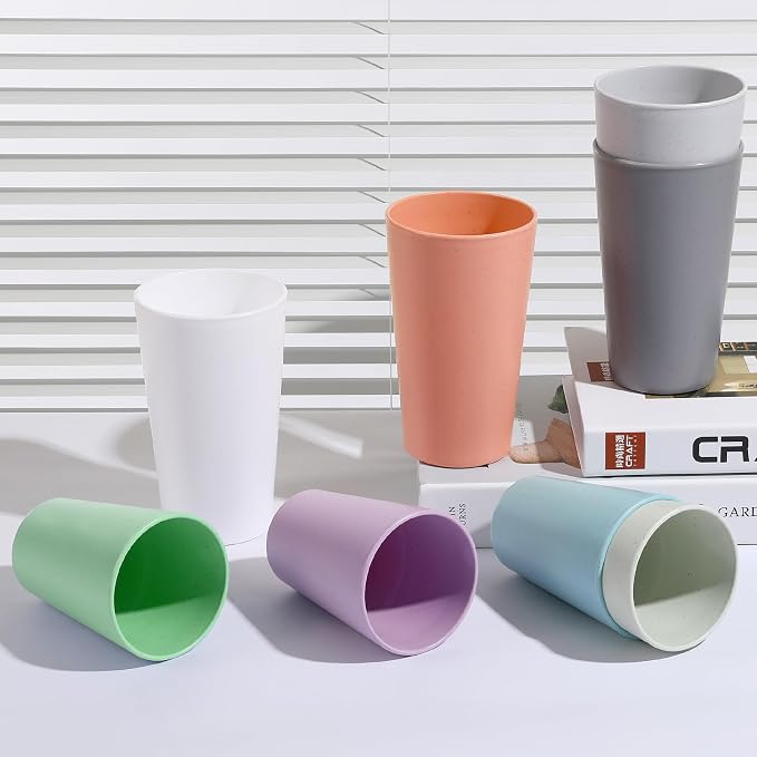 HEYCOME Set of 16 Wheat Straw Cups, 16 Pcs 20 oz Unbreakable Drinking Cups, Reusable Plastic Cups Sets, Water Glasses Tumblers, Microwave & Dishwasher Safe, Bpa Free, 4 Colors