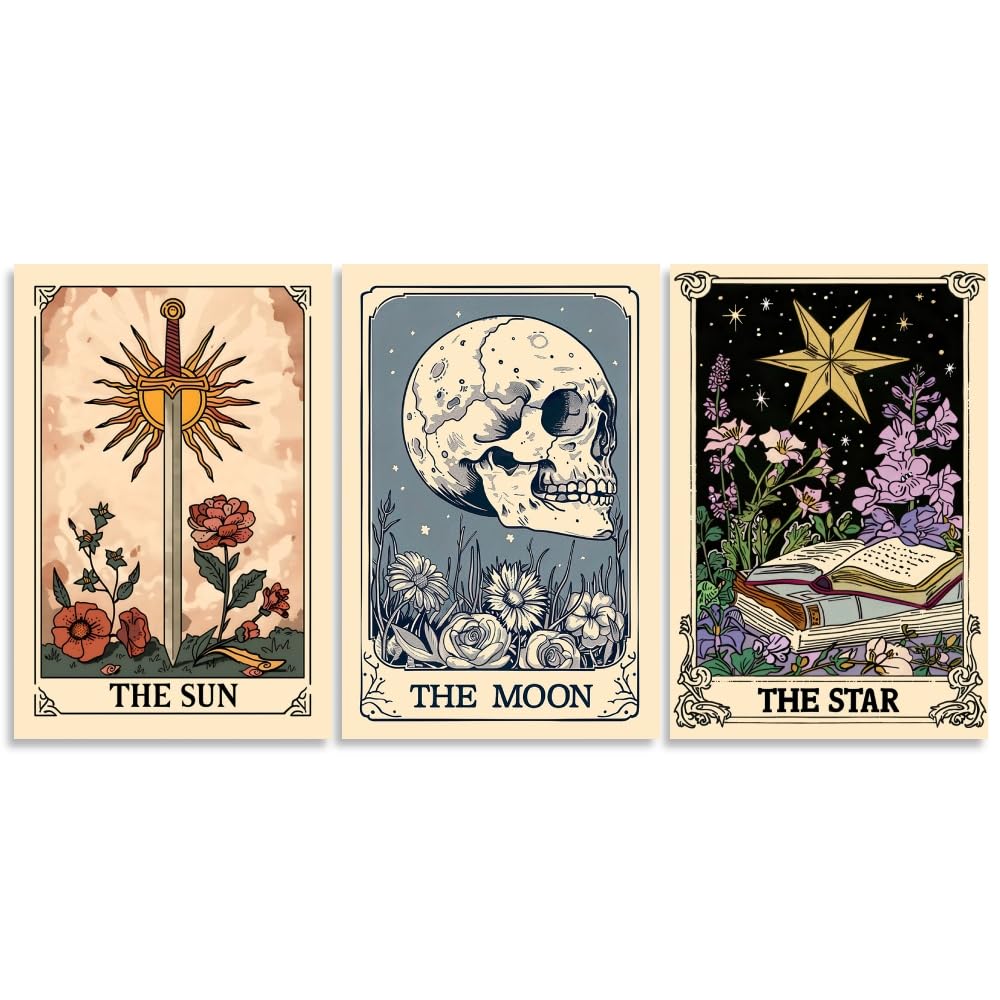 Set of 3 The Sun Moon Star Wall Art Mystical Tarot Card Print Earthy Boho Celestial Pictures Decor Astrology Posters Spiritual Witchy Room Aesthetic Painting for Bedroom 8x12inch Unframed
