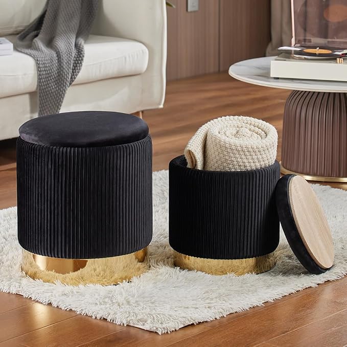 Round Ottoman with Storage Set of 2 Upholstered Velvet Vanity Stool for Living Room Storage Ottomans Multifunctional Foot Rest (Black with Bottom Gold)