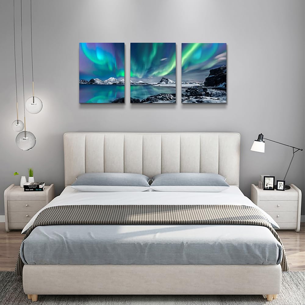 MHARTK66 Wall Art for Bedroom Wall Decor for Living Room Office Decor Abstract Mountain Aurora Landscape Painting 3 Piece Scenic Framed Canvas Art Prints Ready to Hang Kitchen Wall Pictures Home Decor