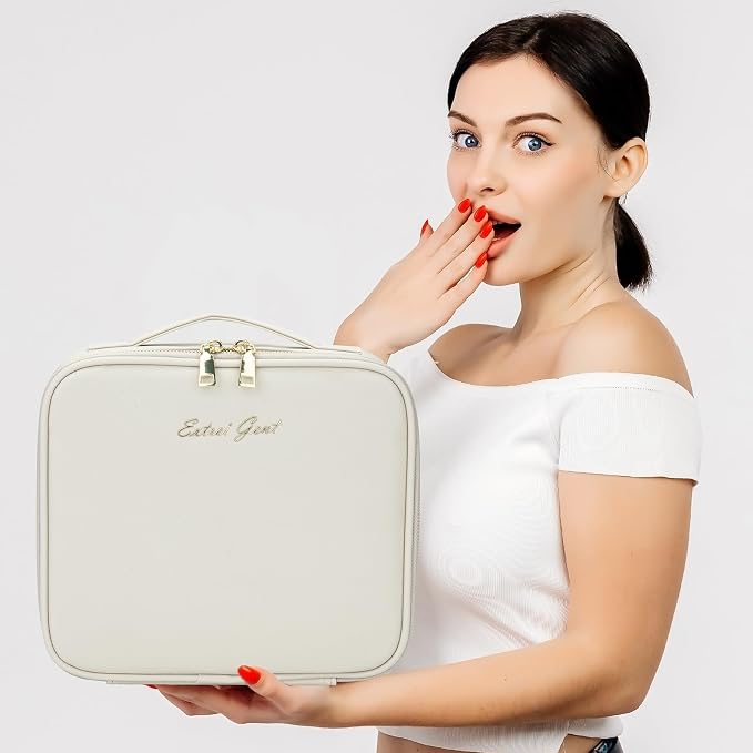 Extrei Gent Makeup Travel Train Case with Mirror LED Light 3 Adjustable Brightness Large Cosmetic Bag Portable Storage Adjustable Partition Waterproof Make up Brushes Makeup Jewelry Gift for Women