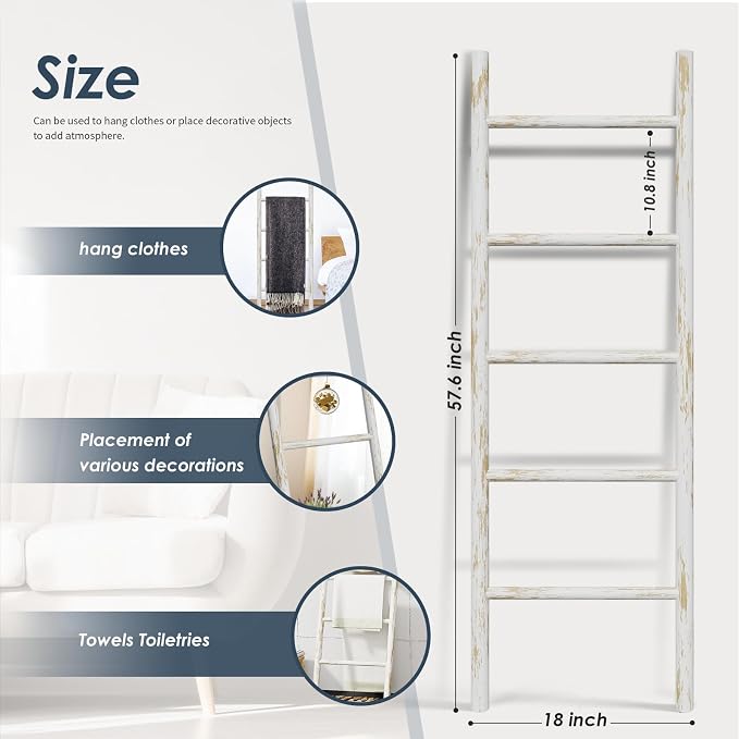 Delywh Wooden Blanket Ladder, 4.8ft Throw Blanket Holder for Living Room, Bedroom, Rustic Decorative Quilt Towel Rack Stand Ladders, Farmhouse Wood Ladder Home Decor for Blankets Display