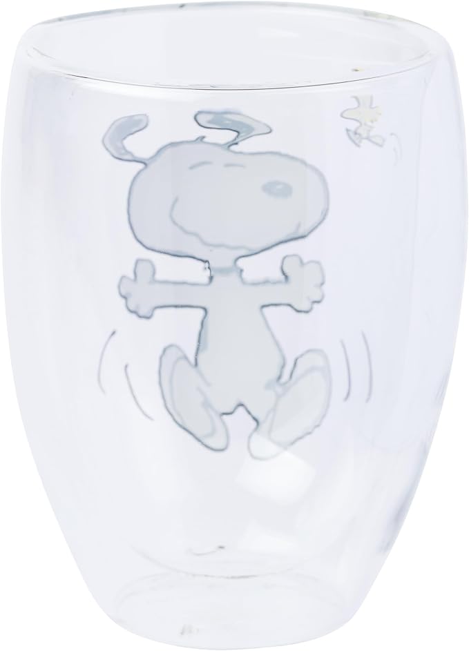Silver Buffalo Peanuts 2 Piece Double Walled Glass Set Featuring Snoopy, Woodstock, and Charlie Brown, 12.5 Ounces