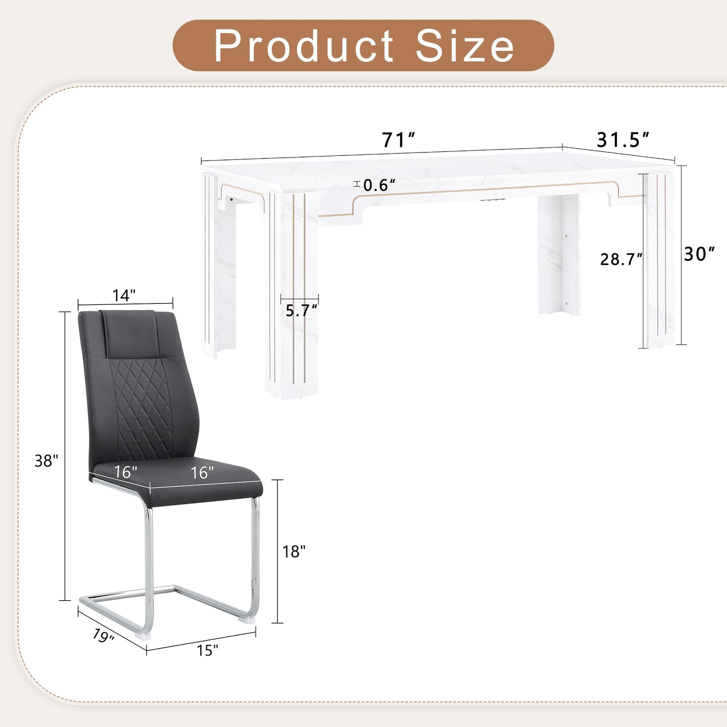 KEIKI 9-Piece Dining Table Set for 8, 71" White Faux Marble Kitchen Table with 8 Black PU Leather Chairs, Modern Dining Room Set with Silver Metal Legs, Large Rectangular Table for Home, Restaurant