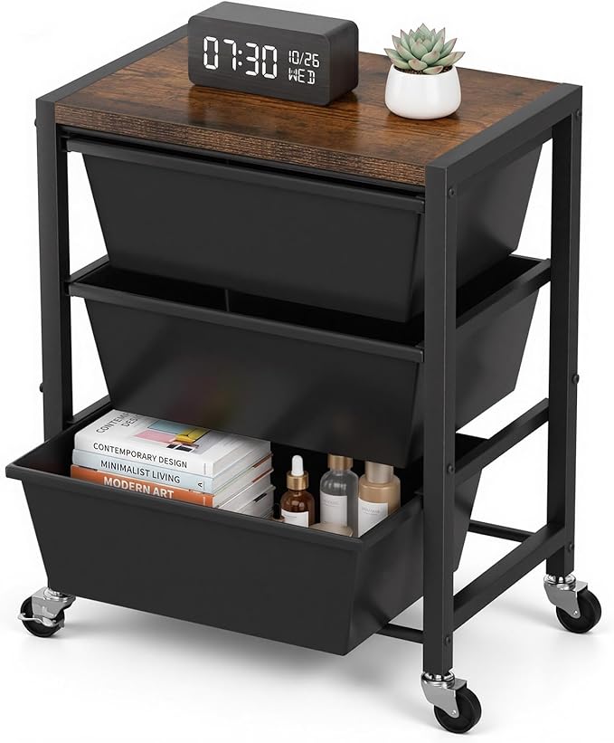 Rolling Cart with 3 Drawers, Plastic Drawer Storage Carts with Lockable Wheels & Wooden Tabletop, Metal Art Craft Utility Cart Organizer for Home Office Bedroom Dorm Bedside Classroom, Dark Black