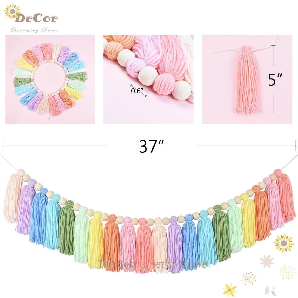 DrCor Pastel Rainbow Tassel Garland – Boho Classroom Decor for Back to School, Baby Shower, Party Banner for Nursery, Kids Room, Birthday or Graduation Decoration
