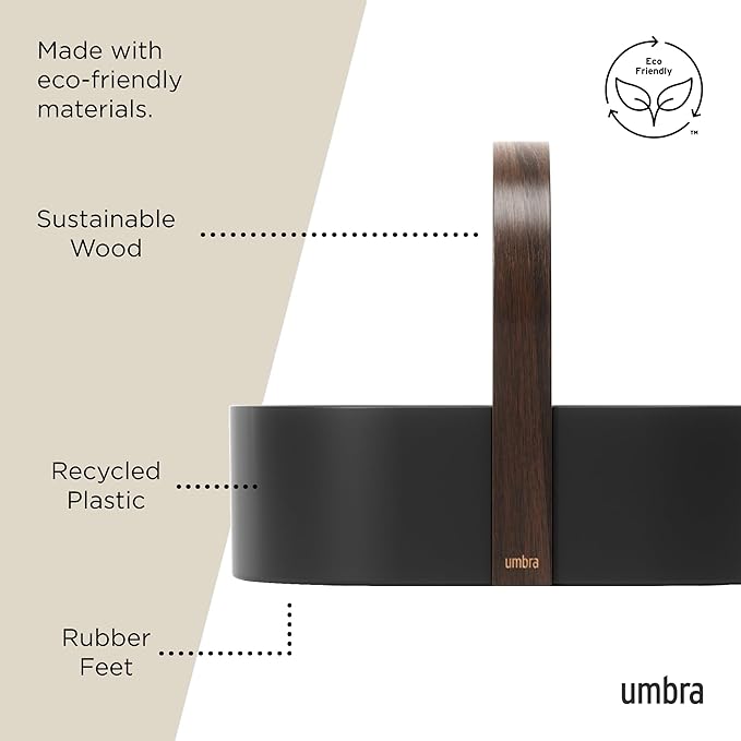 Umbra Bellwood Caddy, Organizer Bin for Makeup and Cosmetics, Durable Lightweight Container with Wooden Handle and Removable Dividers, Small Black/Walnut