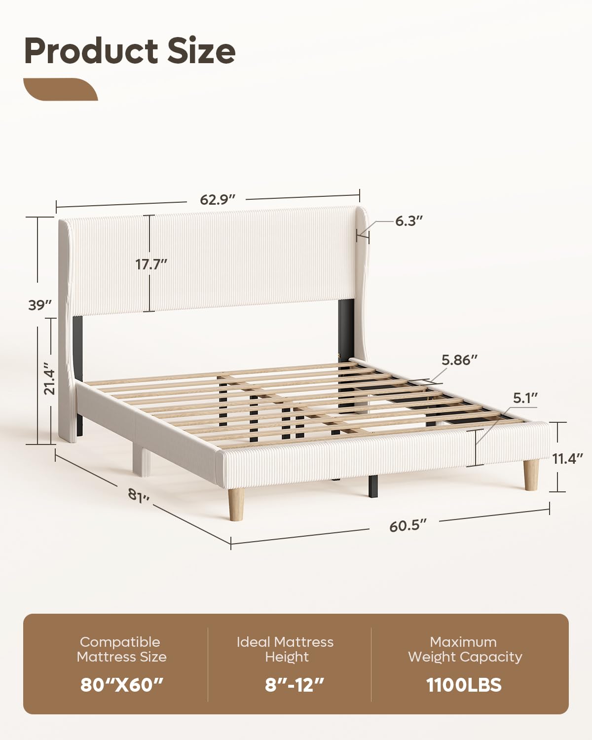 Bestier Queen Size Bed Frame with Wingback Headboard,Platform Queen Upholstered Bed with Strong Wooden Slats,No Box Spring Needed,Never Squeaks,Easy Assembly,Beige