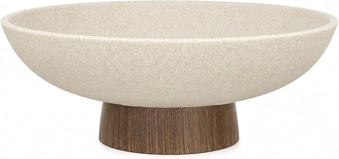 YMXYJM Modern Pedestal Fruit Bowl, Large Matte Resin Decorative Bowl with Faux Wood Base for Kitchen Counter, Living Room, Entryway Home Decor, Brown