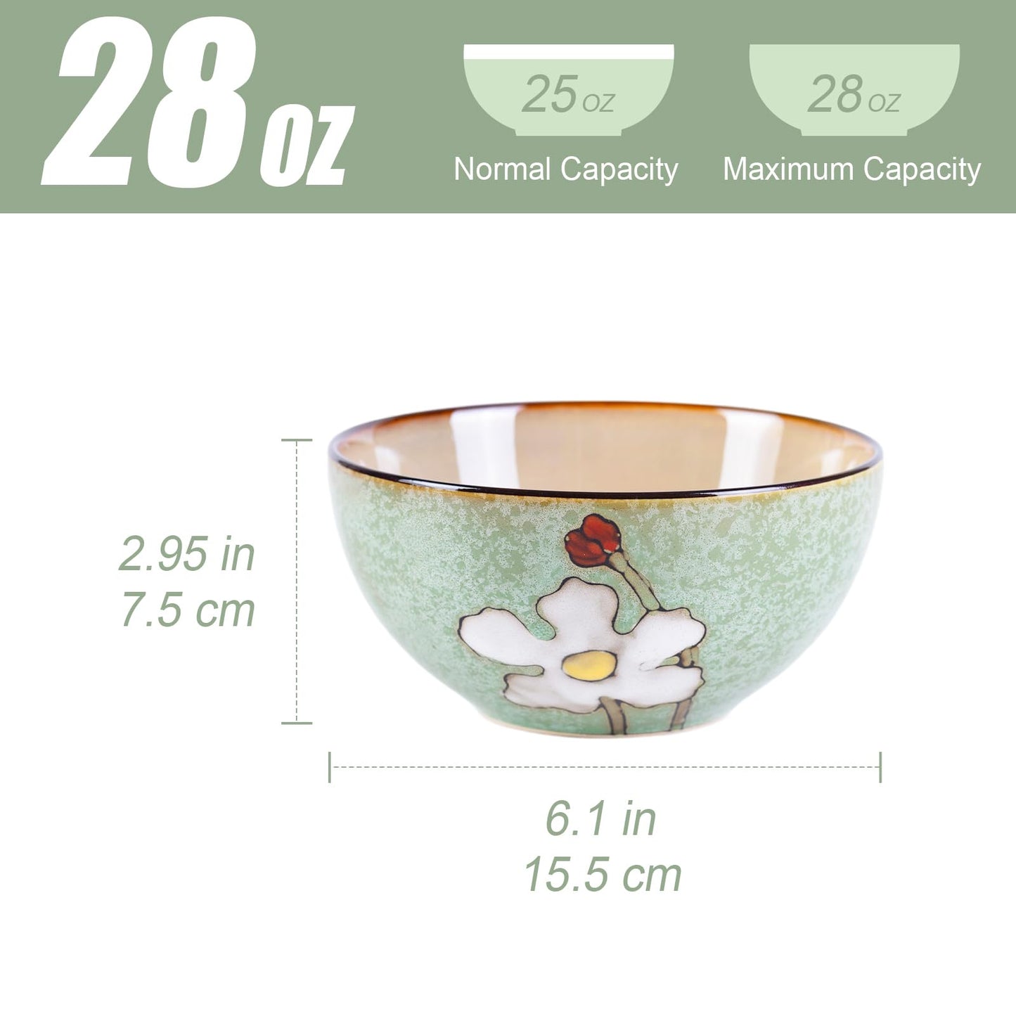 WHITEPEONY 28oz Ceramic Bowls Set of 4 for Kitchen, 6 Inch Hand-painted Floral Serving Bowls, Dishwasher Microwave Oven Safe, for Salad, Pasta, Ramen, Rice & Dessert, Breakfast Lunch Dinner, Green