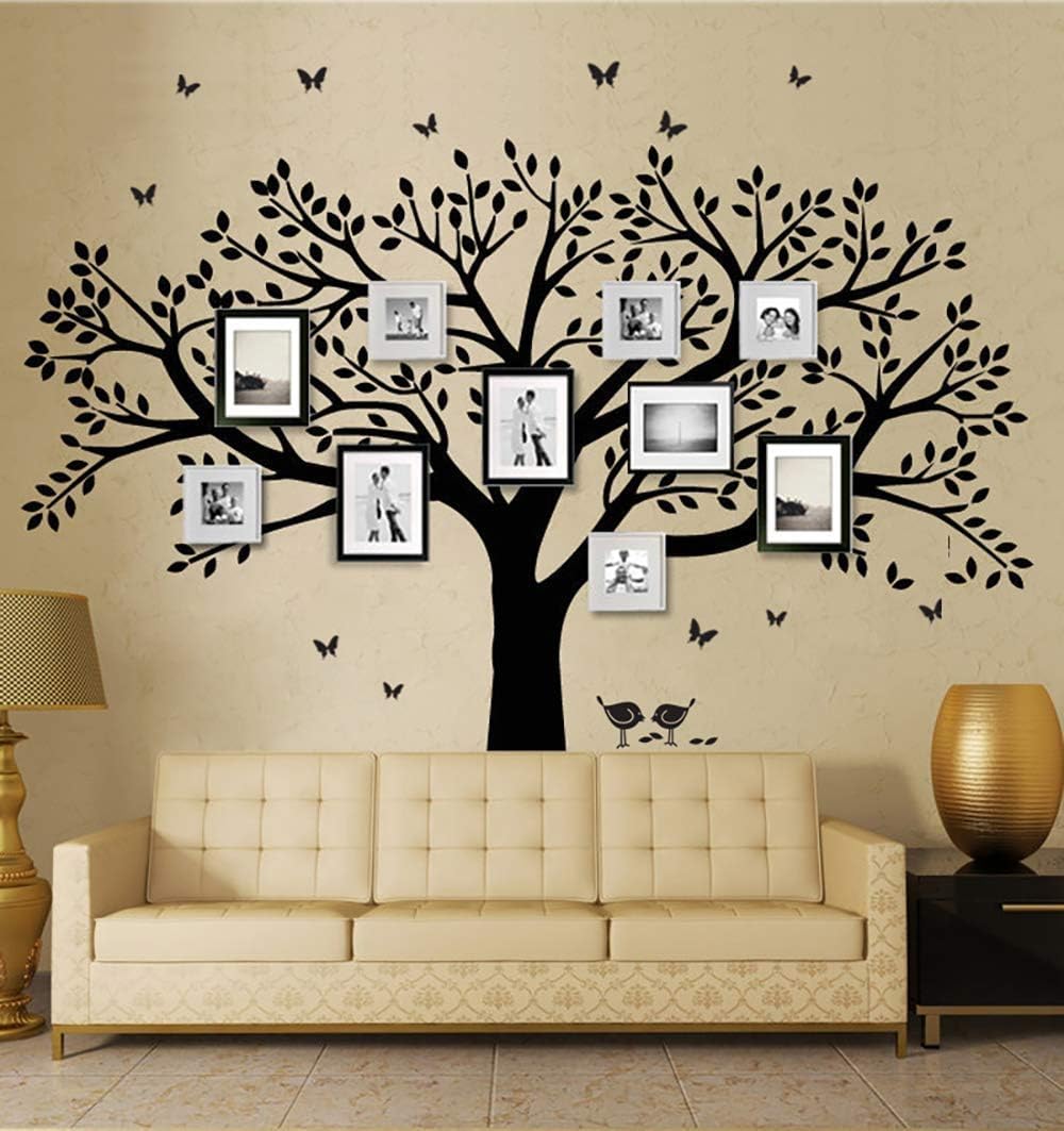 Grant Family Photo Frame Tree Wall Decals Family Tree Decal Living Room Home Decor (108" Wide x 84" Tall) (Black)