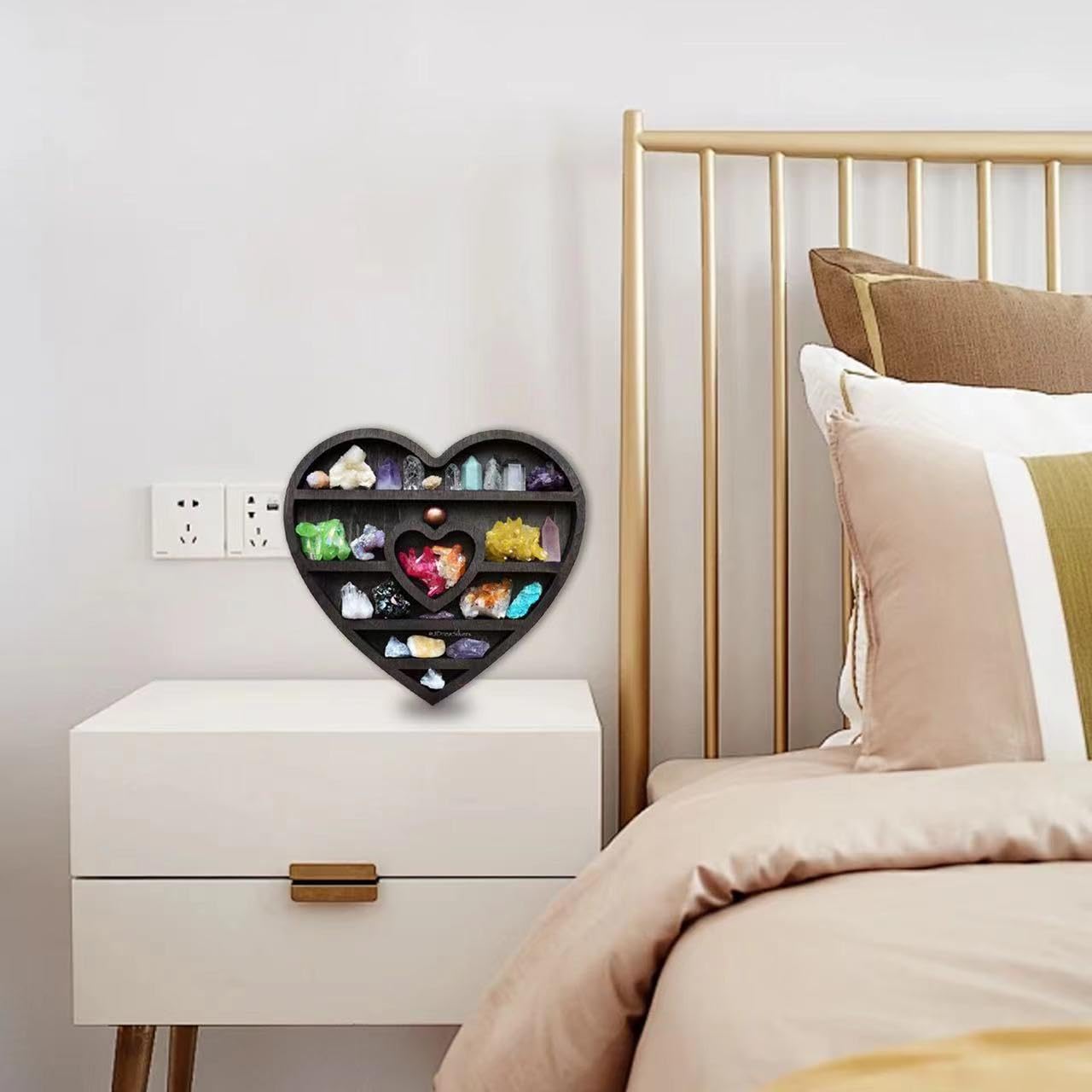 Wooden Moon Shelf for Crystals Display, Rustic Wooden Fairy Shelf for Crystals, 14In Large Wall Mounted Crystal Display Gothic Witchy Home Decor (Heart Shape)