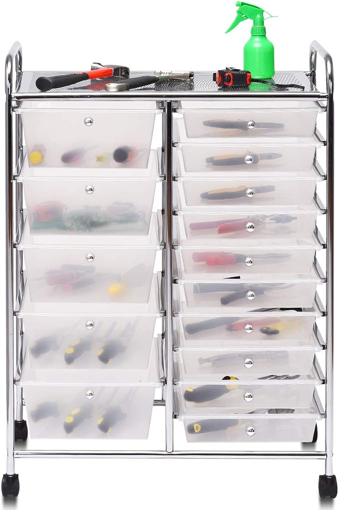 Giantex 15 Drawer Rolling Storage Cart Tools Scrapbook Paper Office School Organizer, Clear