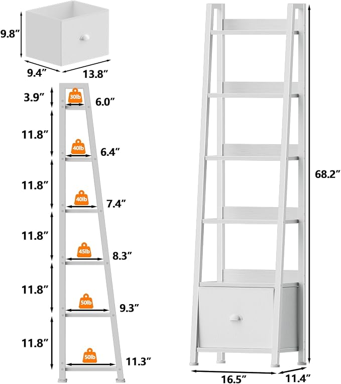 Furologee 6 Tier Ladder Shelf,Ladder Bookshelf with Drawer,Modern Tall Bookcase,Storage Rack Organizer,Wood Metal Freestanding Shelves for Living Room, Home Office, Bedroom, White