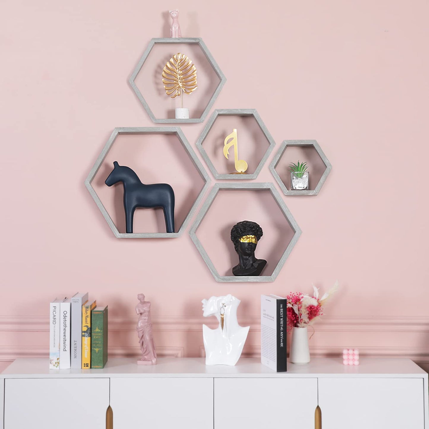 PHOENANCEE Hexagon Floating Shelves,Wall Mounted Wood Farmhouse Storage Honeycomb Wall Shelf Set of 5,for Bathroom, Kitchen, Bedroom, Living Room,Office,Driftwood Finish (Vintage Grey)