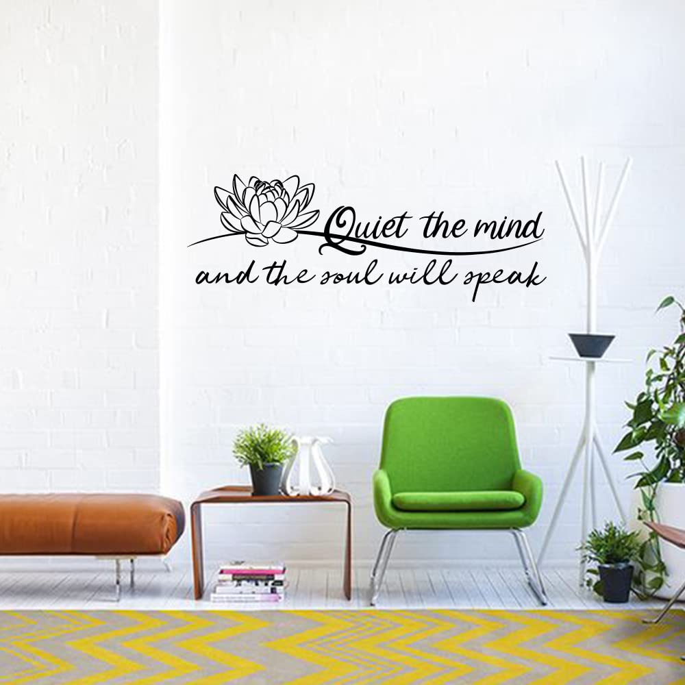 Quiet the Mind and the Soul Will Speak Lotus - Pure Black Vinyl Wall Decal Without Transparent Edge Art Letters Meditation Quotes Decoration Yoga Pilates Sayings