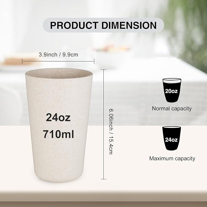 Premium Wheat Straw Cups 20 oz Set of 8 Alternative to Plastic Cups Reusable Unbreakable Drinking Cup Dishwasher Safe Water Glasses Tumblers, Grey and Black