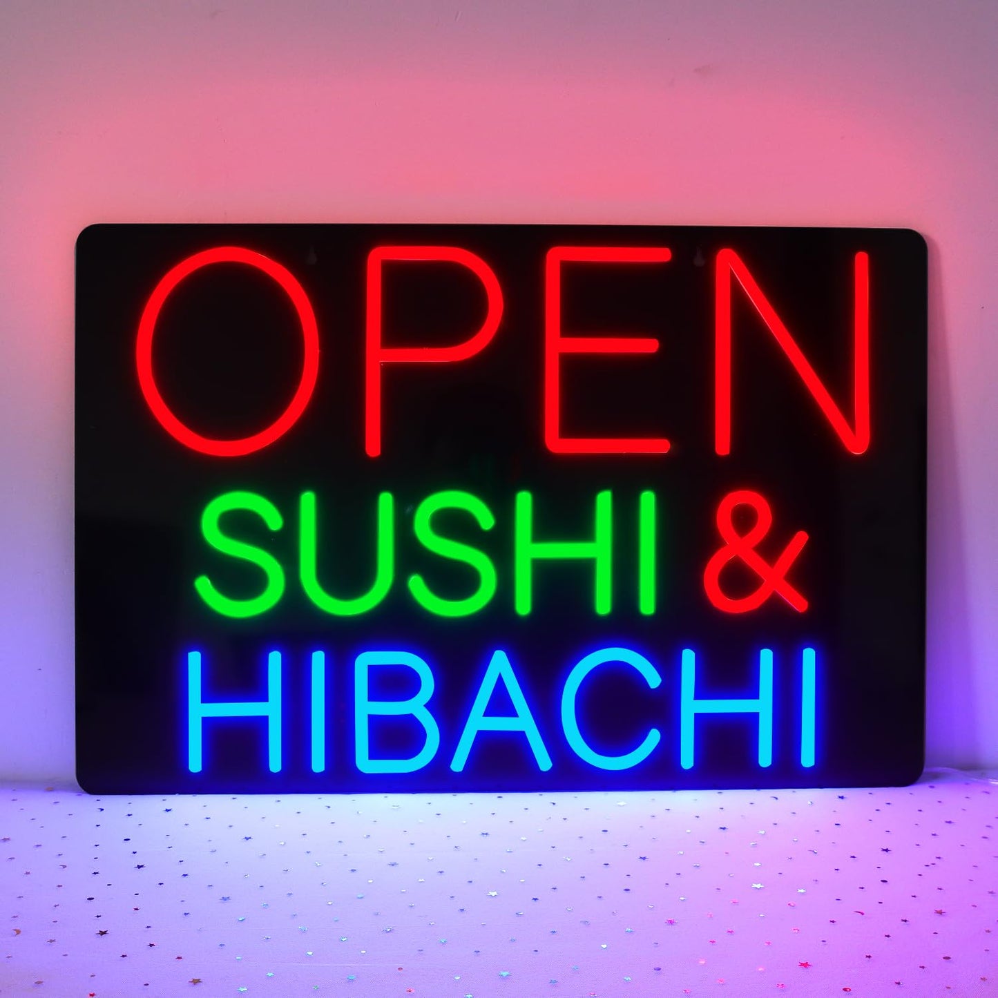 JFLLamp Large OPEN SUSHI&HIBACHI Neon Signs for Wall Decor Business Neon Lights for Bedroom Led Signs Suitable for Office Man Cave Bar Christmas 12V Power Adapter, 23.6 * 15.7 Inch(Red +Green +Blue)
