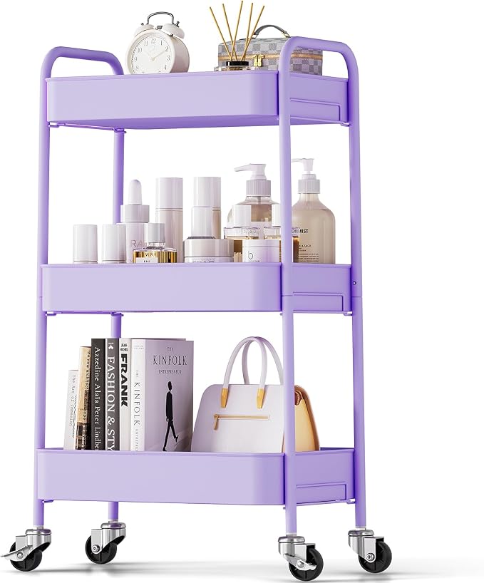 TOOLF 3-Tier Rolling Cart - Metal Utility Storage Organizer with Lockable Wheels, 33 lbs Per Shelf, Tool-Free 5-Min Assembly, for Kitchen Bathroom Office Nursery Craft Room, Purple