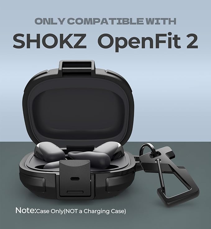 Dexnor for Shokz OpenFit 2 Case with Drop-Proof Lock, Shockproof Rugged Bumper Cases Protective Cover with Carabiner & Keyring & Cleaner Kit for Shokz OpenFit 2 (2025) Black