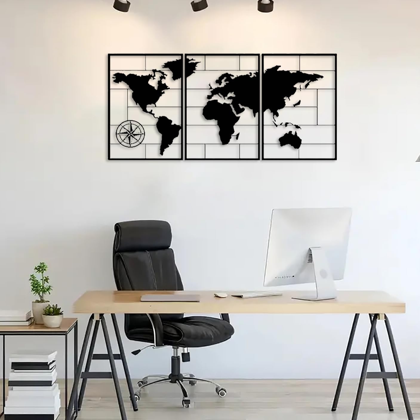 DUOOLN 3-Piece Metal World Map Wall Decor Art, Abstract Minimalist Hanging Sculpture, Travel Enthusiast Gift, Perfect Travel-Themed Artwork, Home Office Hotel Decoration - Black, 33.8“ W x 15.7” H / 86x40cm