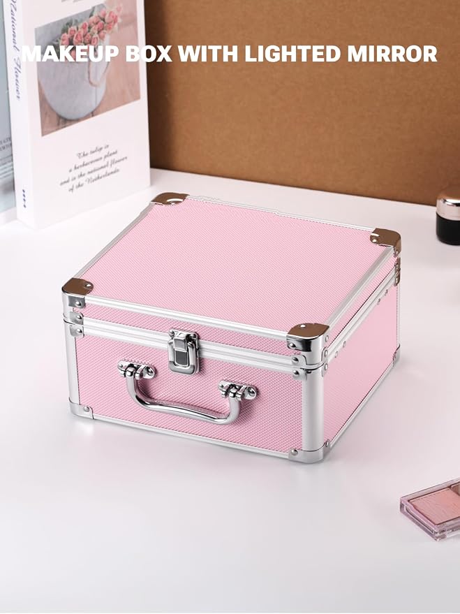Qislee Makeup Box with A Detachable Lighted Mirror, Waterproof Travel Train Case, Cosmetic Organizer and Makeup Suitcase with Adjustable Dividers, Magnetic LED Mirror(Icy Pink)
